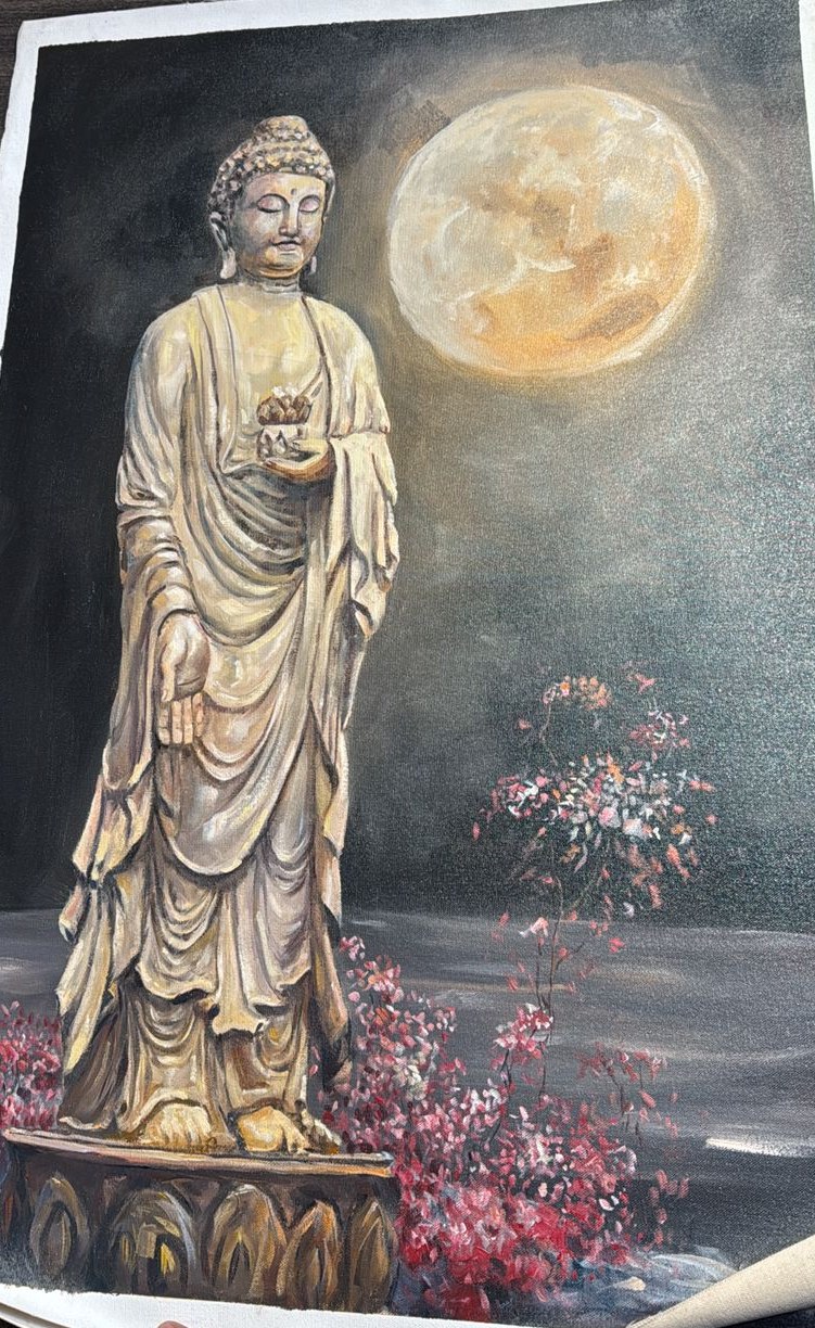 Buddha Under Full Moon — Hand-painted, acrylic on cotton canvas.