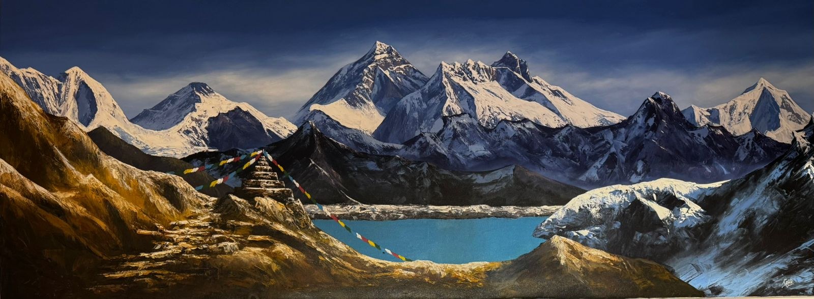 Hand-painted Himalayan panorama of Gokyo Lake and snow-capped peaks from Nepal Art Gallery in Thamel