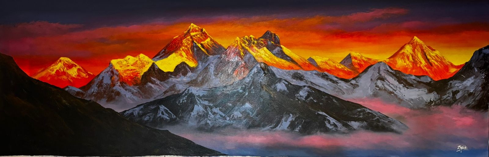 Himalayan Sunset Panorama — Hand-painted, acrylic on canvas.