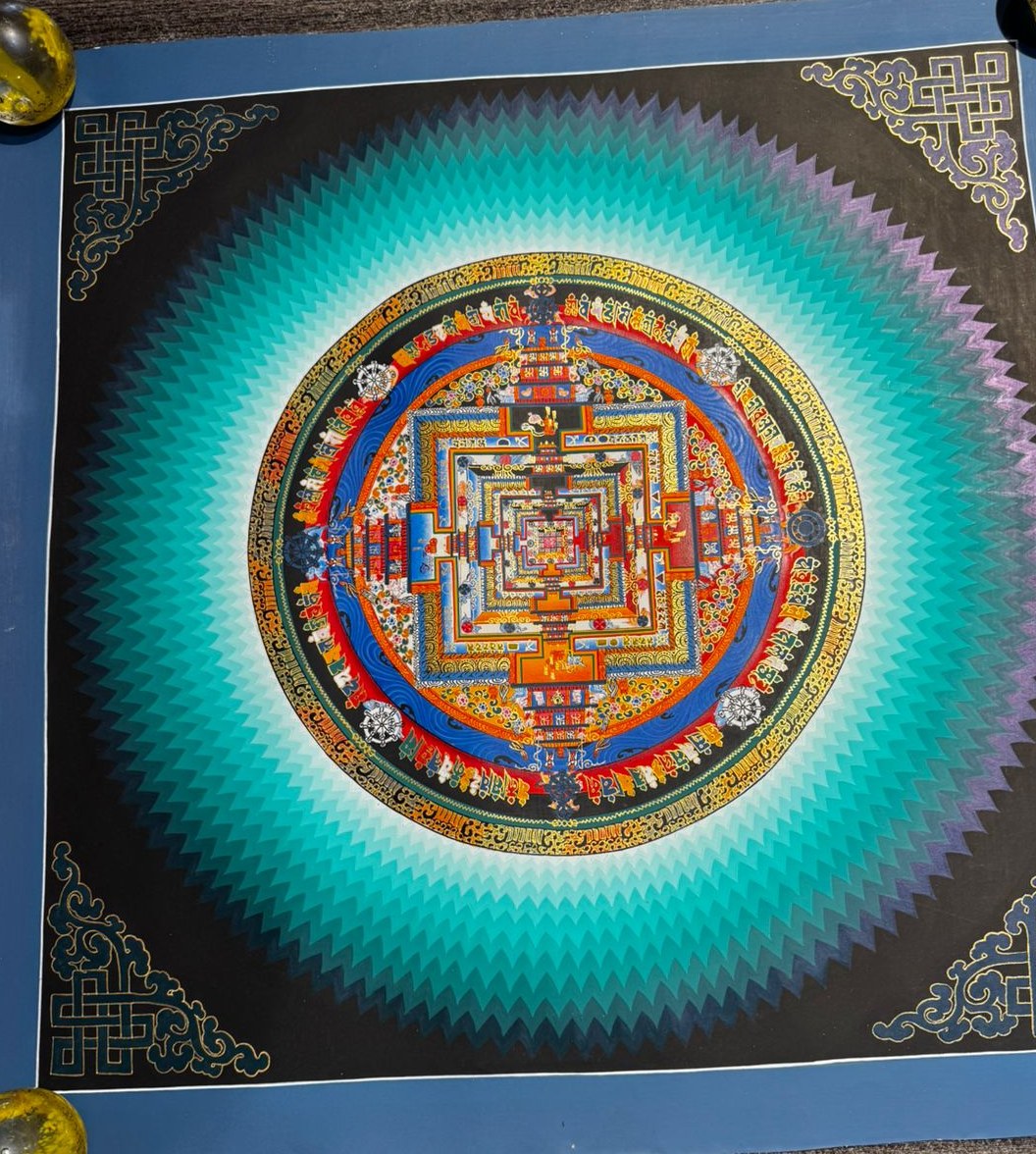 Kalachakra Mandala Thangka (Teal) — Hand-painted mandala thangka on cotton canvas, with gold endless-knot corners.