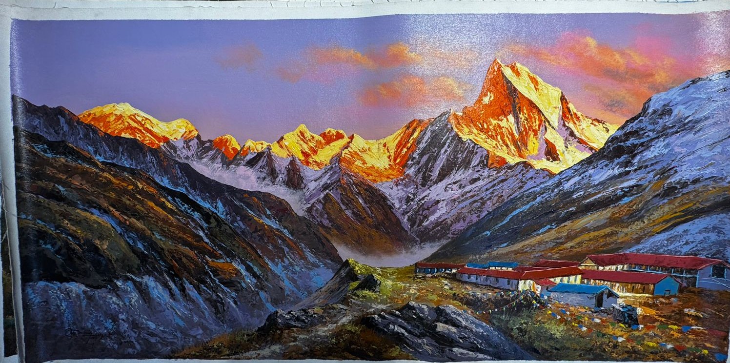 Machapuchare Village — Hand-painted, oil on canvas.